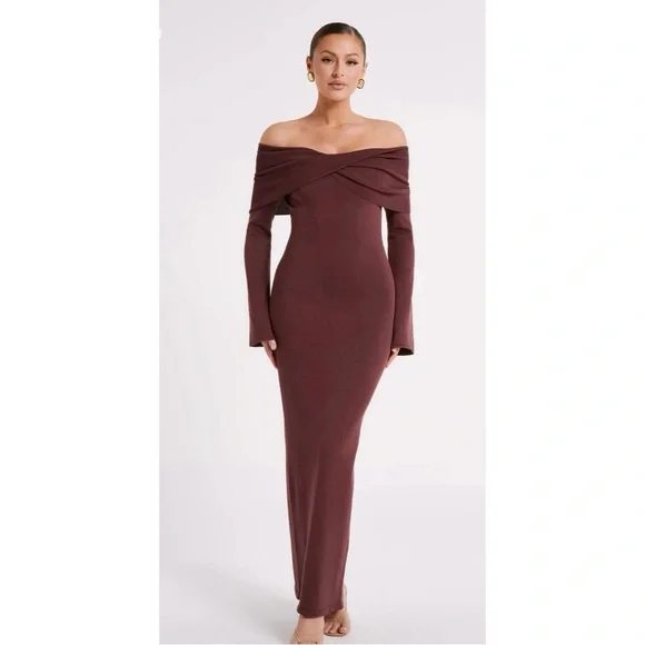 Meshki | Dresses | Meshki Kenny Long Sleeve Dress Knit Bandage Back Cutout  Off Shoulder Chocolate S | Poshmark